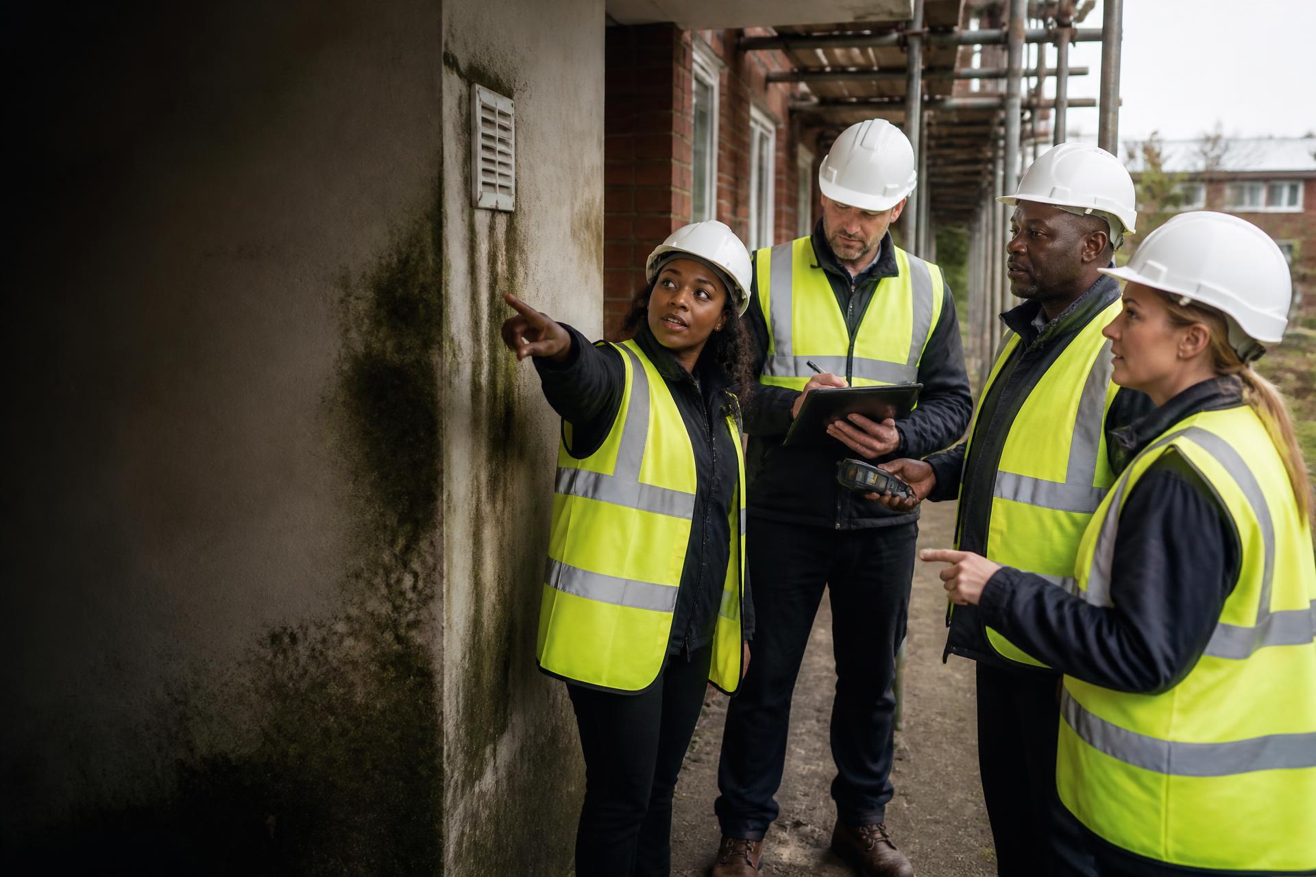 A diverse team of regulatory and public protection practitioners inspecting damp and ventilation issues at a residential housing site